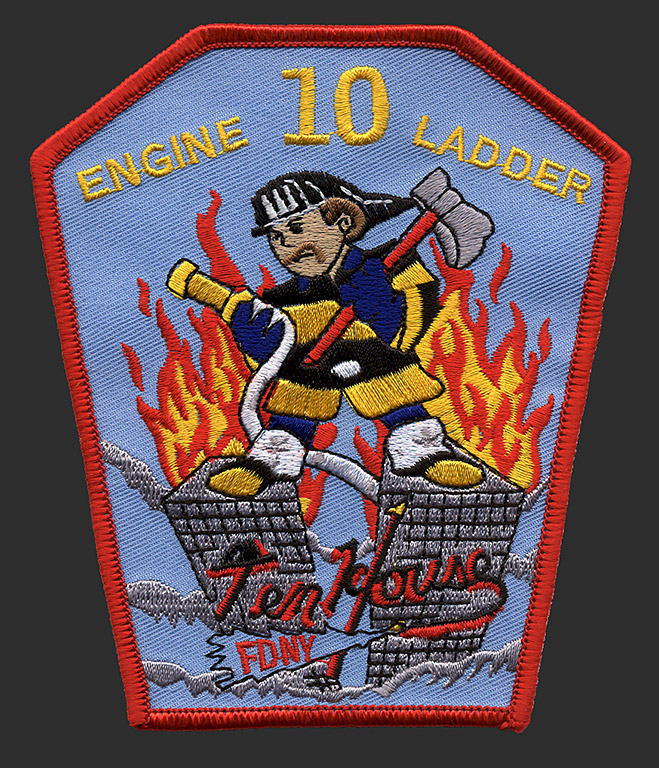 The patch: The Ten House patch was designed in 1984 - eerily shows a firefighter straddling the twin towers of the World Trade Center, each tower aflame. After the towers collapsed last year, Ten House firefighters considered changing the design but decided against it.