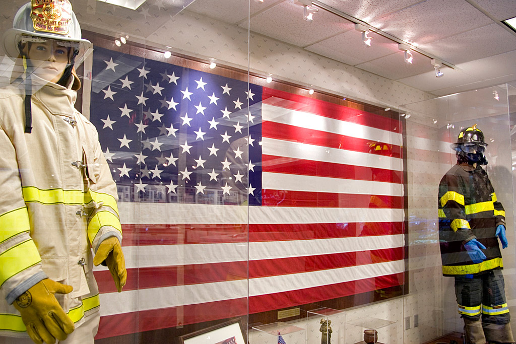 Actual Flag flown on Ladder 10 on September 11, 2001.  On display with other 9-11 items at PELCO's California Memorial Museum.