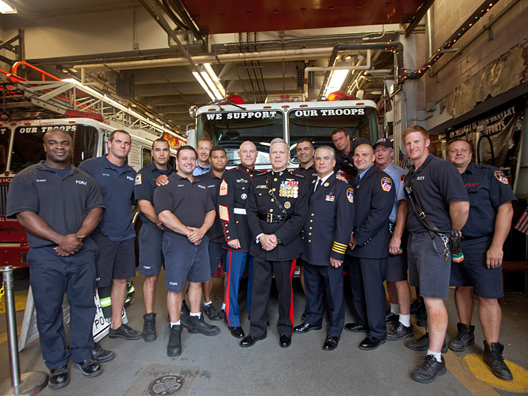 Gen. James F. Amos, Sgt. Maj. Micheal P. Barrett and the firefighers of the FDNY Ten House -- Home of Engine 10 and Ladder 10. Aug. 24, 2011. Photo by Sgt. Randall A. Clinton (www.marines.mil)