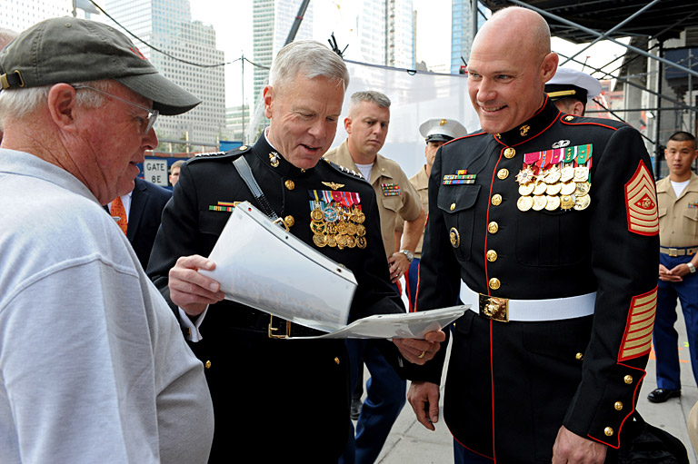 Gen. James F. Amos, 35th Commandant of the Marine Corps, and Sgt. Maj. Micheal P. Barrett, 17th Sergeant Major of the Marine Corps, film part of the 2011 Marine Corps Birthday Message at the FDNY Memorial Wall and Ten House, the Home of Engine 10 and Ladder 10, Aug. 24, 2011. Photo by Lance Cpl. Tia Dufour (www.marines.mil)