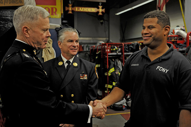 Gen. James F. Amos, 35th Commandant of the Marine Corps, and FDNY Engine 10 Firefighter Casey Clemente. Photo by Lance Cpl. Tia Dufour (www.marines.mil)