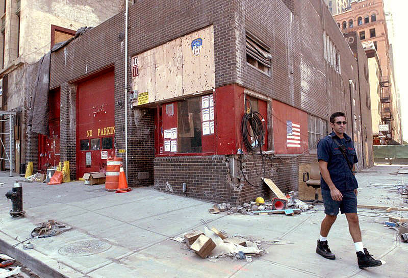 The firehouse, located across the street from the World Trade Center site, was badly damaged in the attacks.  Photo by Mike De Sisti 8/10/02 © 2002 Appleton Post-Crescent