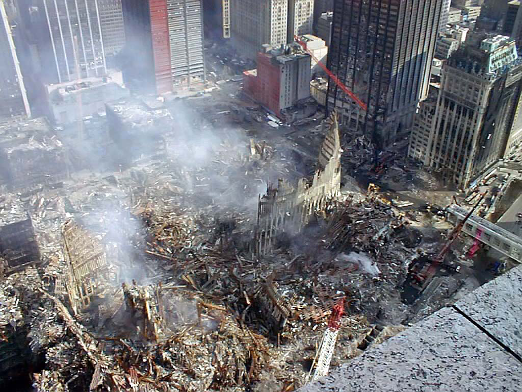 Photo of ground zero taken by NOAA from nearby American Express building rooftop on Sept. 14, 2001.  Photo Credit NOAA